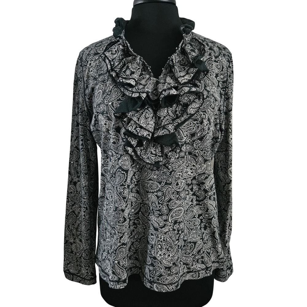Lauren Ralph Lauren Ruffle Neck‎ Top Women Large Black Paisley Long Sleeve Dark